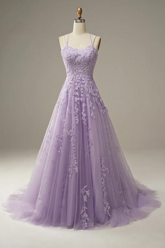 Amzcw Purple A-Line Spaghetti Straps Tulle Prom Dress with Appliques