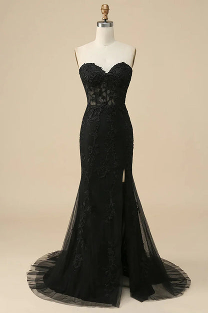 Amzcw Black Corset Sweetheart Long Lace Mermaid Prom Dress with Slit