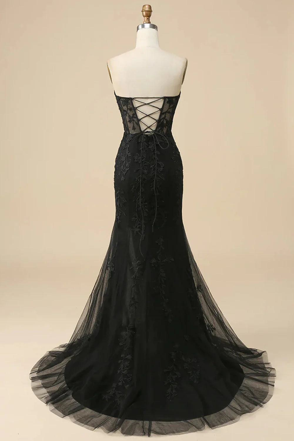 Amzcw Black Corset Sweetheart Long Lace Mermaid Prom Dress with Slit