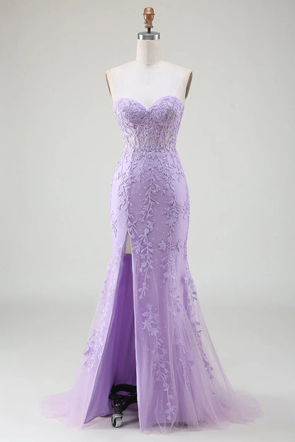 Amzcw Light Purple Mermaid Sweetheart Lace Corset Long Prom Dress with Slit