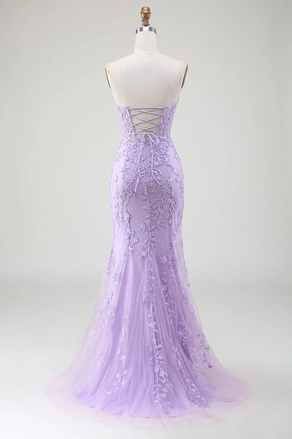 Amzcw Light Purple Mermaid Sweetheart Lace Corset Long Prom Dress with Slit