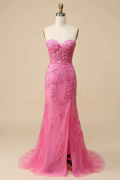 Amzcw Pink Corset Sweetheart Long Lace Mermaid Prom Dress with Slit