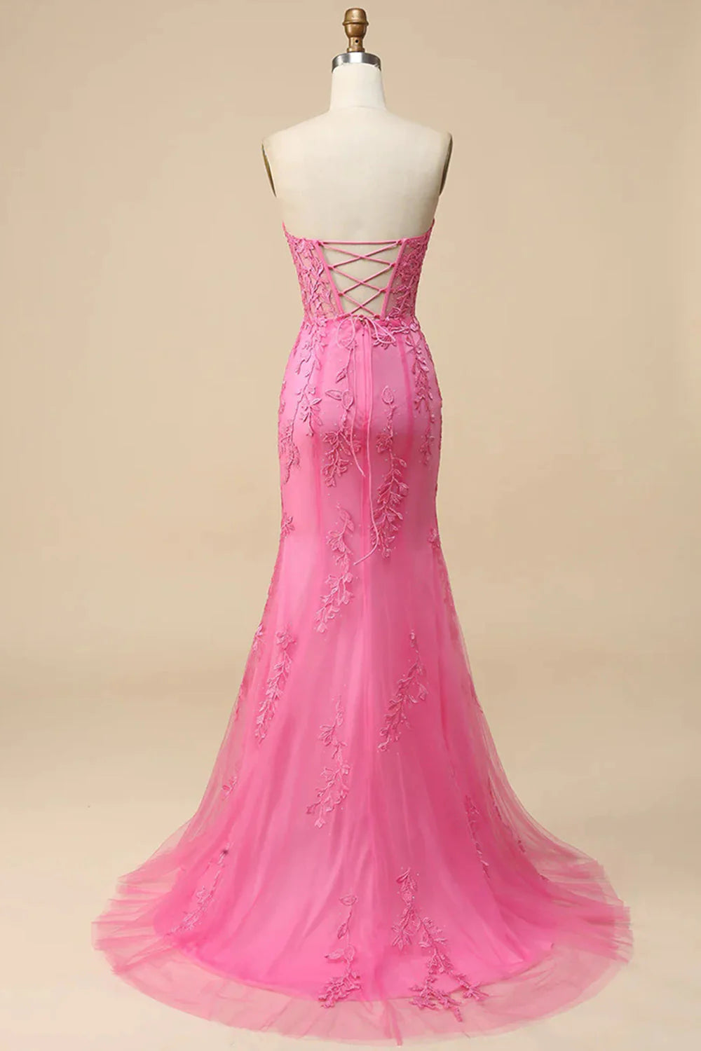 Amzcw Pink Corset Sweetheart Long Lace Mermaid Prom Dress with Slit