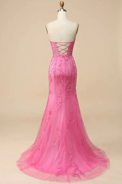 Amzcw Pink Corset Sweetheart Long Lace Mermaid Prom Dress with Slit