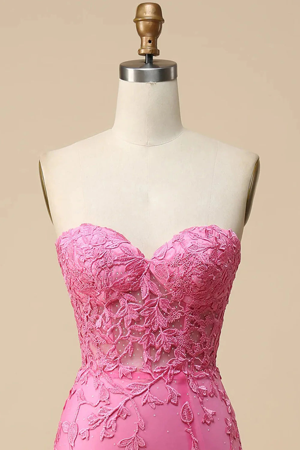 Amzcw Pink Corset Sweetheart Long Lace Mermaid Prom Dress with Slit