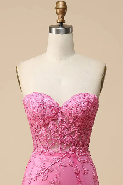 Amzcw Pink Corset Sweetheart Long Lace Mermaid Prom Dress with Slit