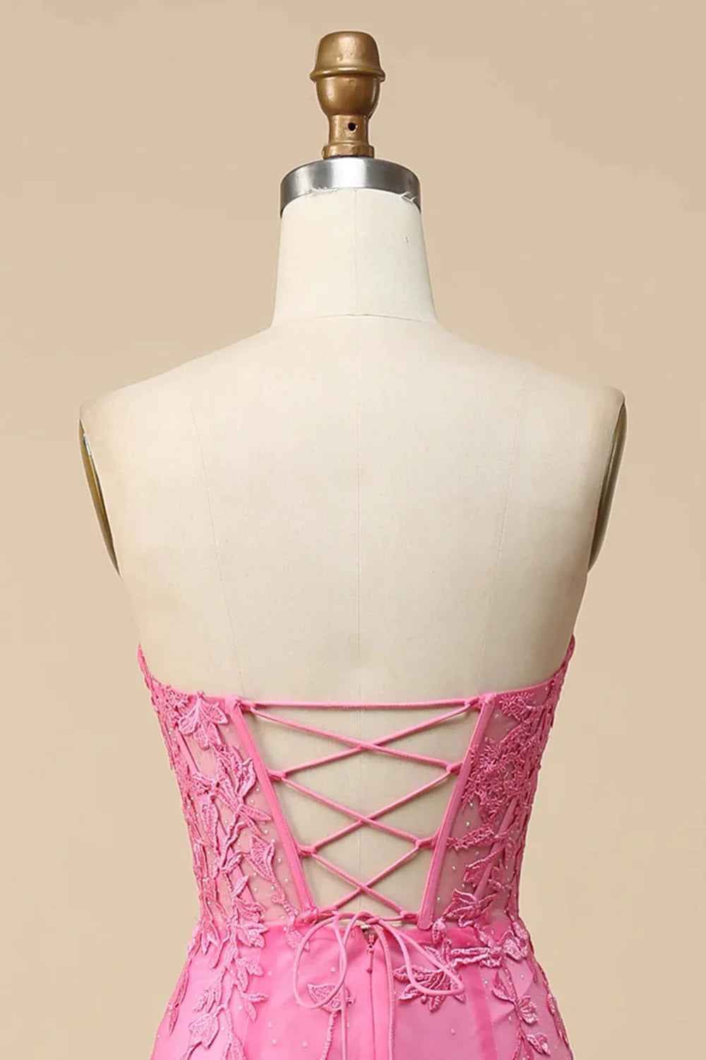Amzcw Pink Corset Sweetheart Long Lace Mermaid Prom Dress with Slit