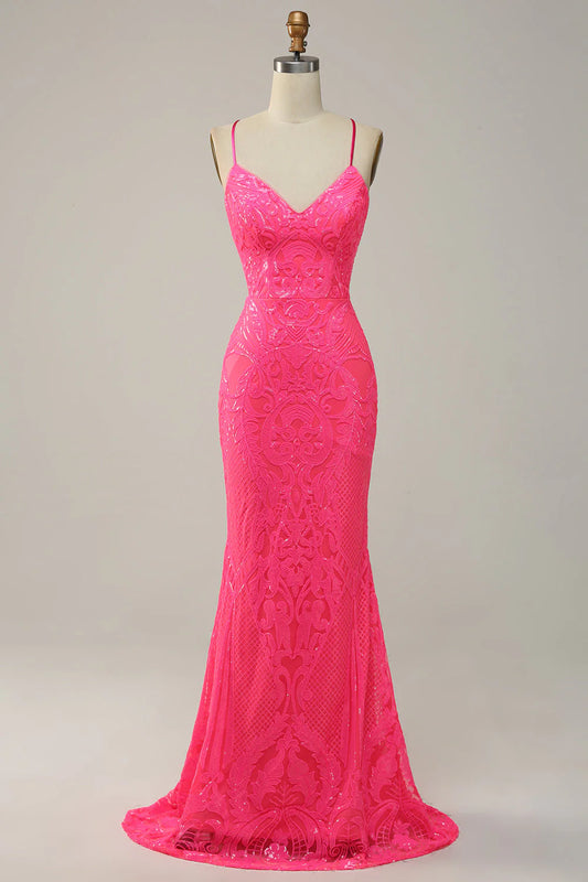 Amzcw Hot Pink Mermaid Spaghetti Straps Sequined Long Prom Dress long prom dresses with sleeves