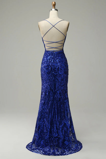 Amzcw Royal Blue Mermaid Spaghetti Straps Sequins Long Prom Dress with Criss Cross Back prom dresses with long sleeves