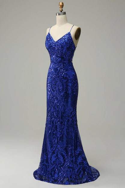 Amzcw Royal Blue Mermaid Spaghetti Straps Sequins Long Prom Dress with Criss Cross Back prom dresses with long sleeves