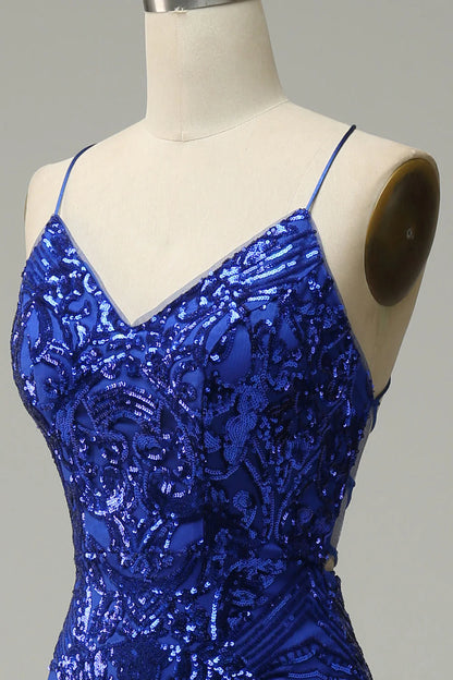 Amzcw Royal Blue Mermaid Spaghetti Straps Sequins Long Prom Dress with Criss Cross Back prom dresses with long sleeves