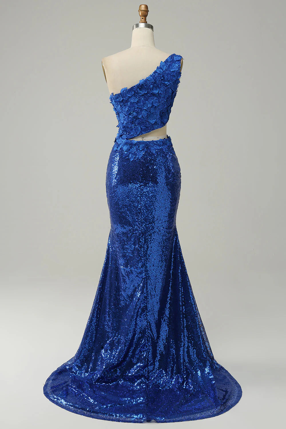 Amzcw Royal Blue Mermaid One Shoulder Sequins Cut Out Prom Dress with Split Front prom dresses with long sleeves