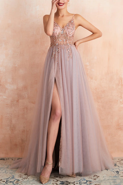 A Line Grey Pink V-neck Tulle Prom Dress with Slit