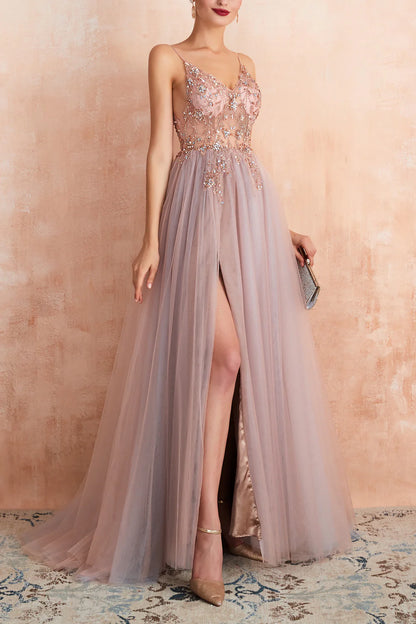 A Line Grey Pink V-neck Tulle Prom Dress with Slit