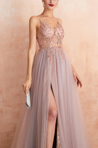 A Line Grey Pink V-neck Tulle Prom Dress with Slit