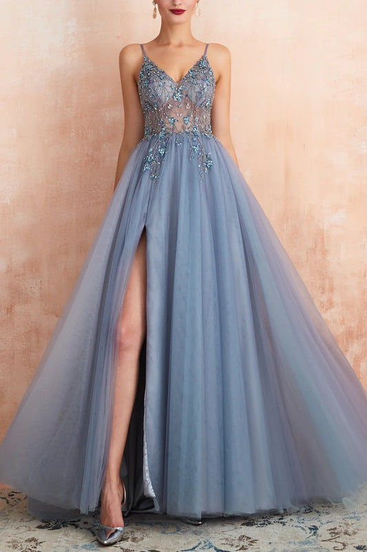 Blue A Line Spaghetti Straps Slit Tulle Prom Dress with Slit