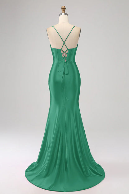 Amzcw Stunning Green Mermaid Spaghetti Straps Corset Prom Dress with Split Front prom dresses shops