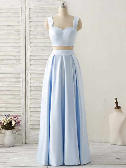 A Line Blue Satin Sweetheart Prom Dresses Cheap Floor Length Evening Dresses