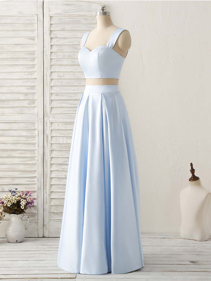A Line Blue Satin Sweetheart Prom Dresses Cheap Floor Length Evening Dresses