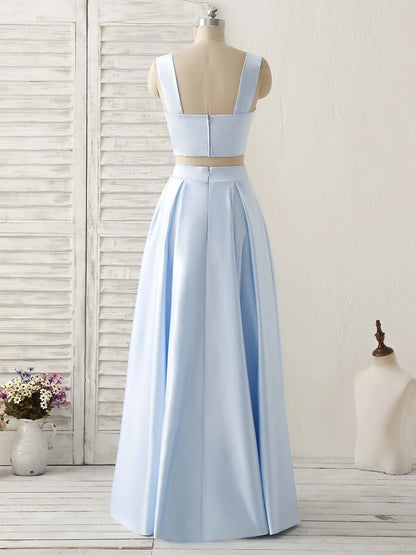 A Line Blue Satin Sweetheart Prom Dresses Cheap Floor Length Evening Dresses
