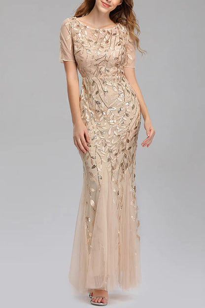 Mermaid Short Sleeves champagne Prom Dress