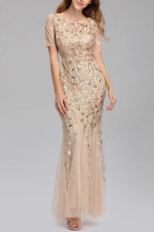 Mermaid Short Sleeves champagne Prom Dress