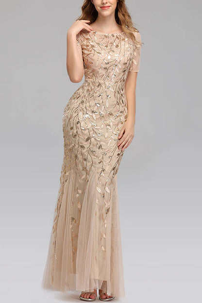 Mermaid Short Sleeves champagne Prom Dress