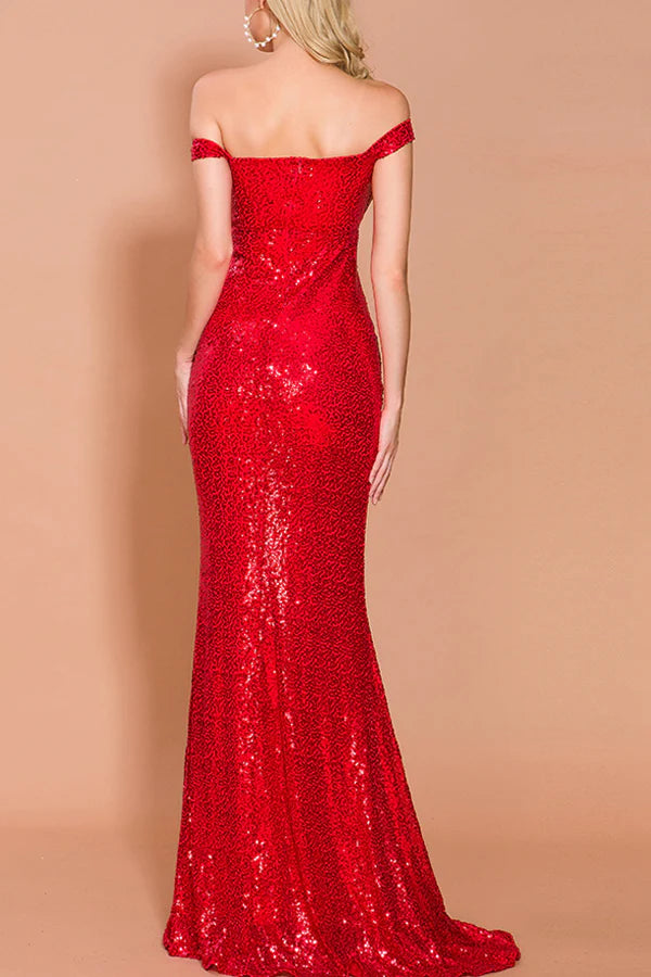 Red Sequin Memaid Long Prom Dress