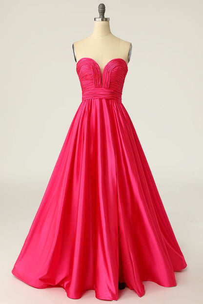 A Line Sweetheart Fuchsia Long Prom Dress with Ruched