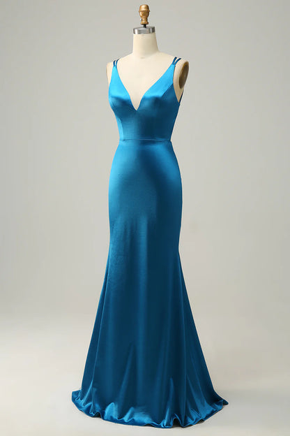 Peacock Blue Mermaid Backless Long Prom Dress