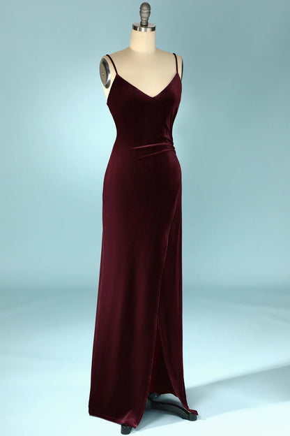 Burgundy Velvet Evening Prom Dress