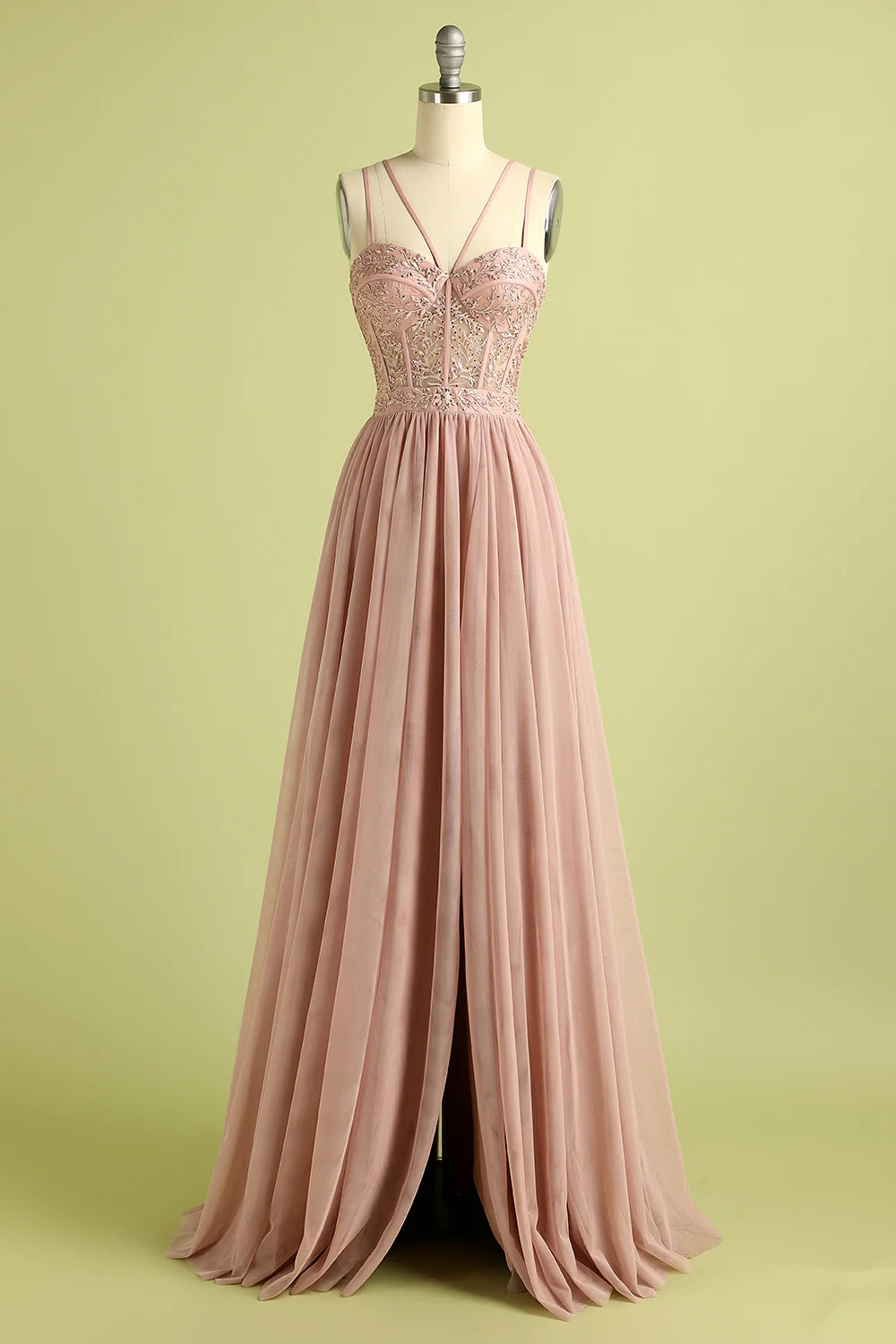 Pink Split Front Spaghetti Straps Prom Dress