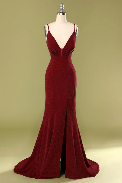 Burgundy V-neck Evening Dress