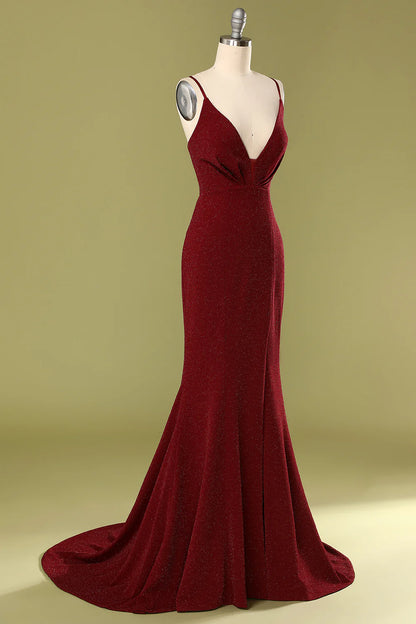 Burgundy V-neck Evening Dress