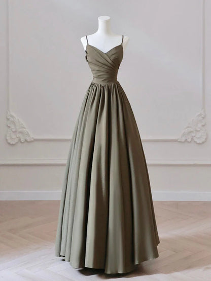 Amzcw A-Line V Neck Satin Olive Green Long Prom Dress Long Evening Dress prom dress in store