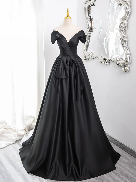 Amzcw A-Line V Neck Off Shoulder Satin Black Long Prom Dress Black Long Formal Dress prom dress in store