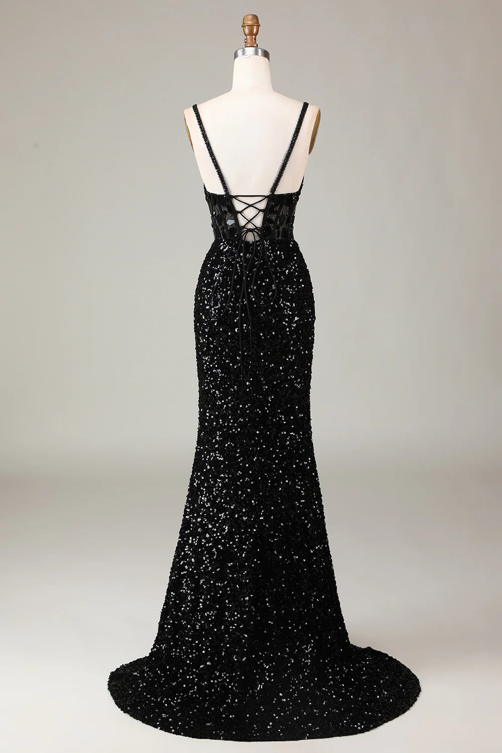 Amzcw Black Sheath Spaghetti Straps Sparkly Sequins Prom Dress with Split Front prom dresses with long sleeves