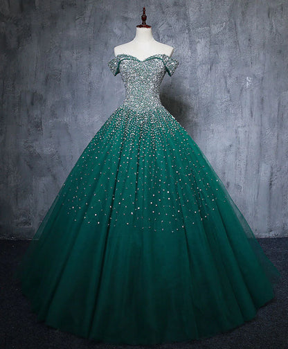 Sparkle Off The Shoulder Blue Ball Gown Prom Dresses, Puffy Tulle Quinceanera Dresses