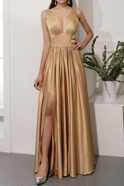 Amzcw Gold Satin Long Prom Party Dress With Slit dressesgowns evening dresses gowns evening dresses