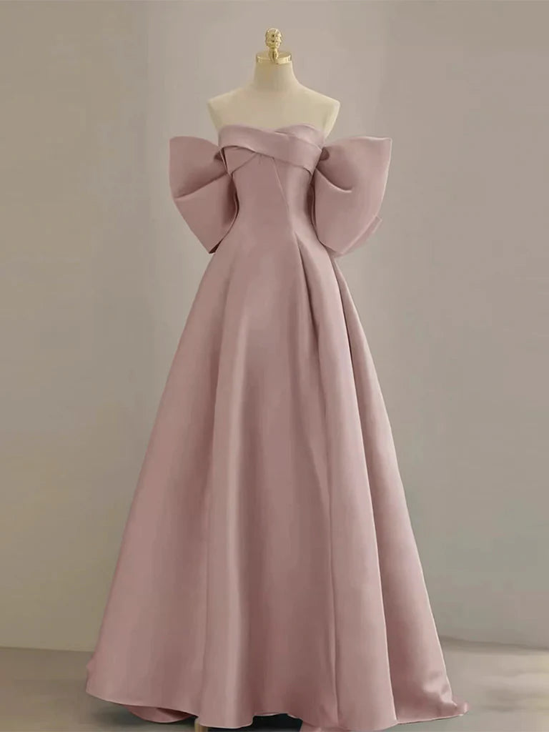 Amzcw A-Line Sweetheart Neck Satin Pink Long Prom Dress Pink Long Formal Dress prom dress in store