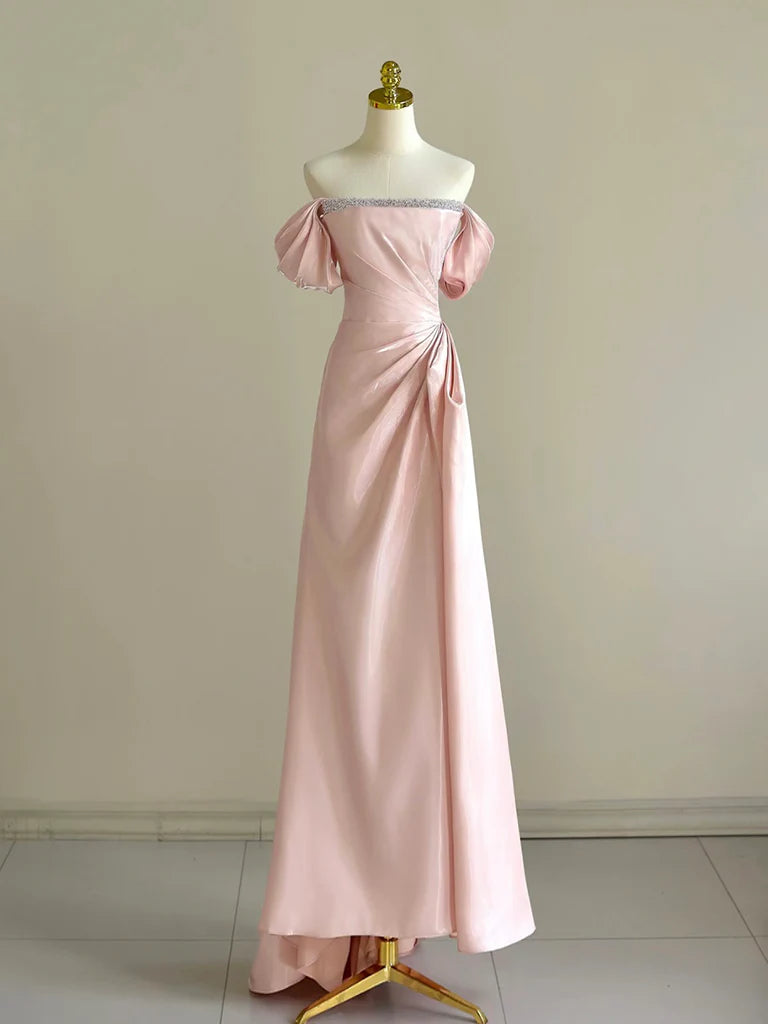 Amzcw A-Line Off Shoulder Pink Long Prom Dress Pink Long Formal Dress with Beads prom dress in store ﻿