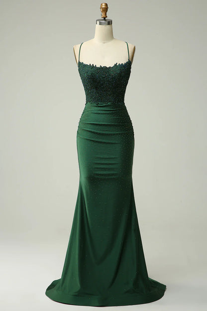 Amzcw Dark Green Mermaid Halter Long Prom Dress with Appliques Beading