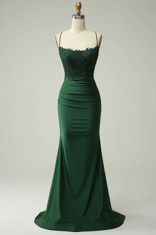 Amzcw Dark Green Mermaid Halter Long Prom Dress with Appliques Beading