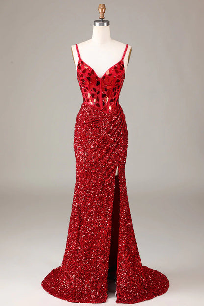 Amzcw Sheath Spaghetti Straps Sparkly Sequins Red Prom Dress with Split Front prom dresses with long sleeves