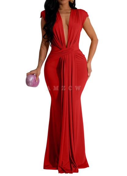 Amzcw Women's Elegant Sleeveless Deep V Neck Bodycon Party Evening Gown Maxi Dress dresses evening wear ﻿