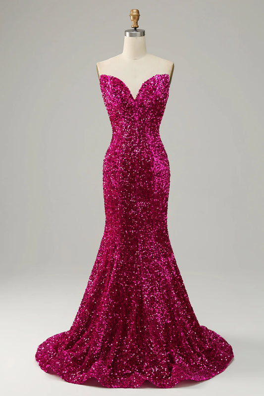 Amzcw Fuchsia Mermaid Sweetheart Neck Sequined Prom Dress With Sweep Train