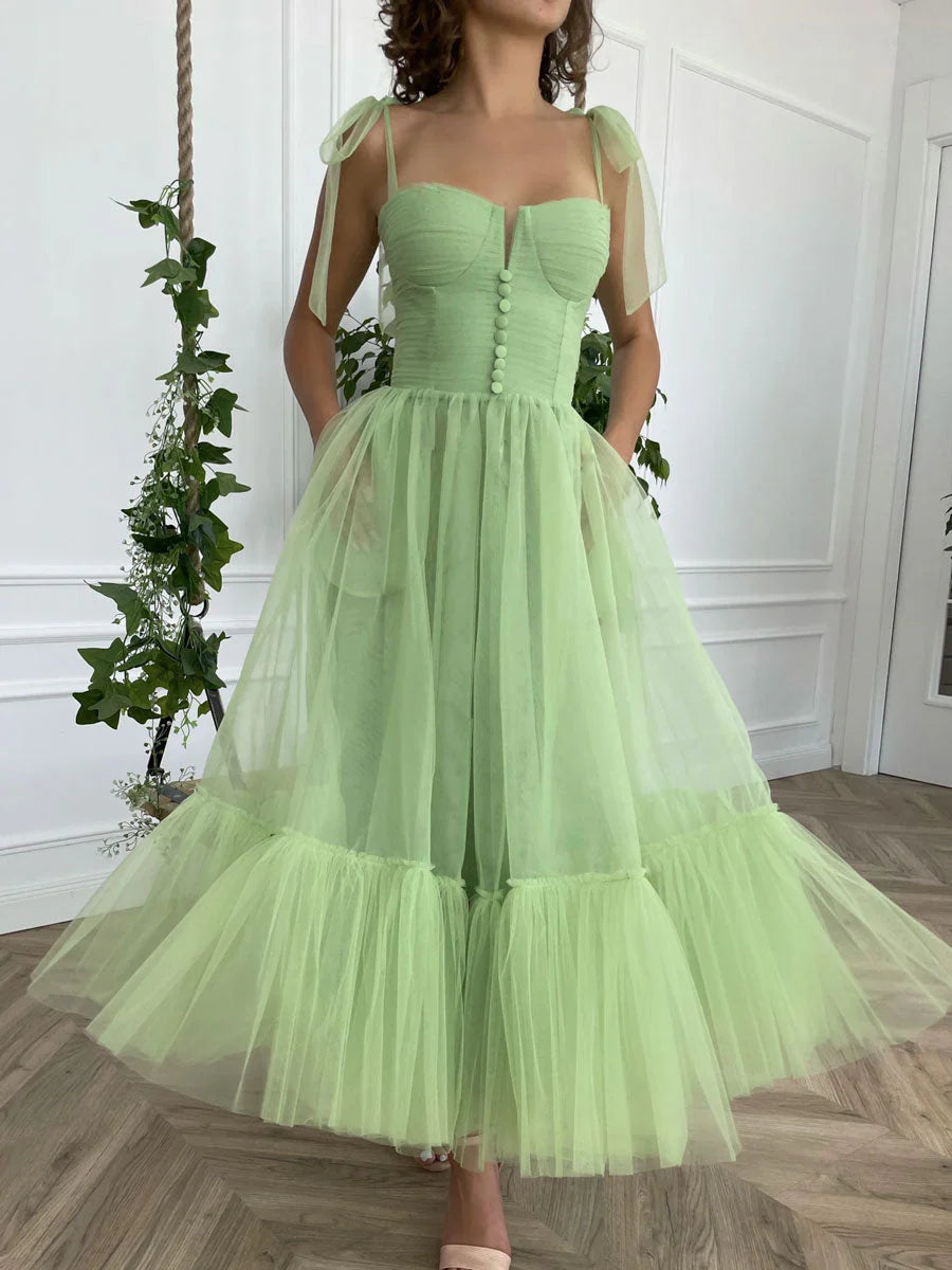 Amzcw Simple green tulle tea length prom dress green tulle formal dress prom dress in store