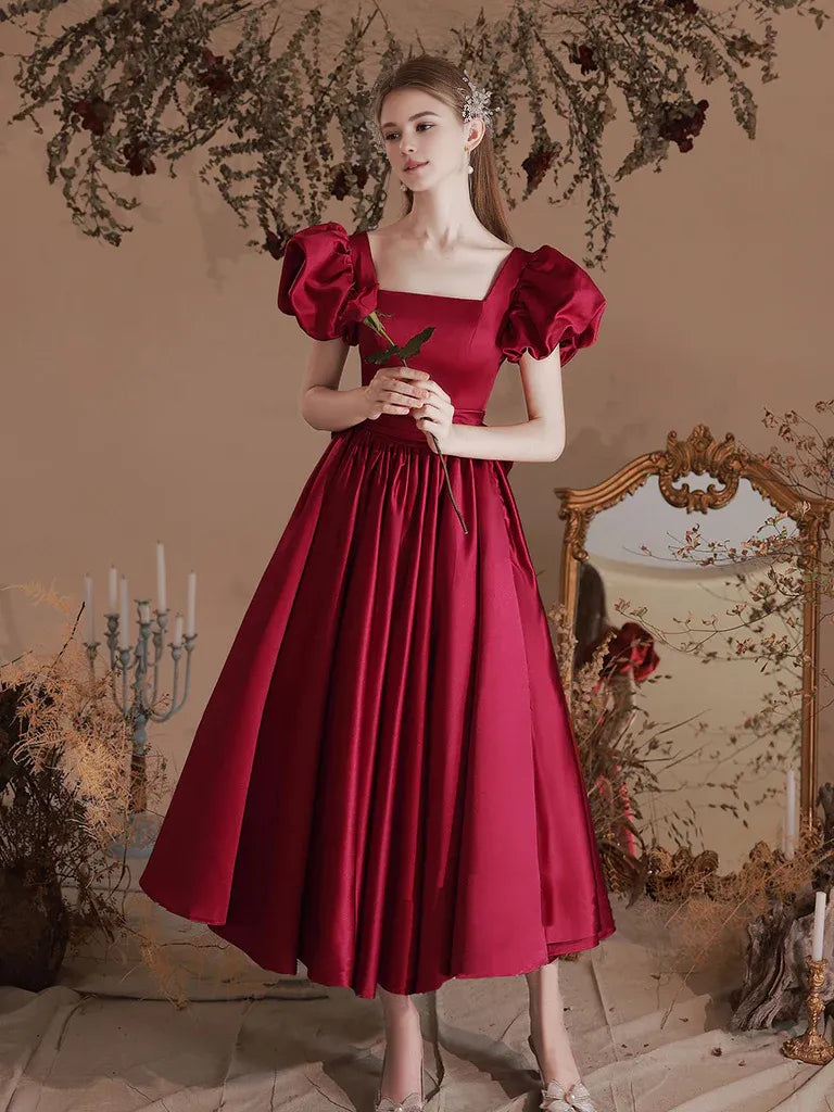 Amzcw A-Line Satin Tea Length Burgundy Prom Dress Burgundy Formal Dress prom dress in store