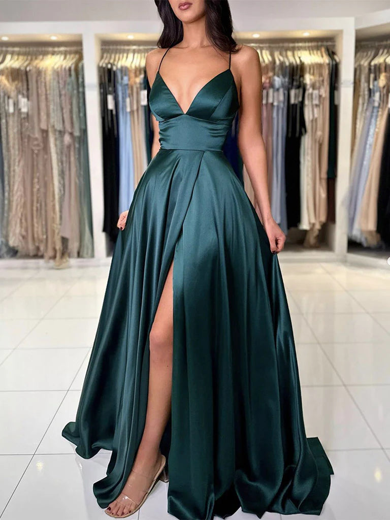 Amzcw A-Line V Neck Dark Green Satin Long Prom Dress Dark Green Evening Dress prom dresses shops