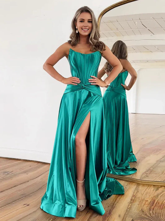 Amzcw Simple A-Line Satin Green Long Prom Dress Green Long Formal Dress prom dresses shops